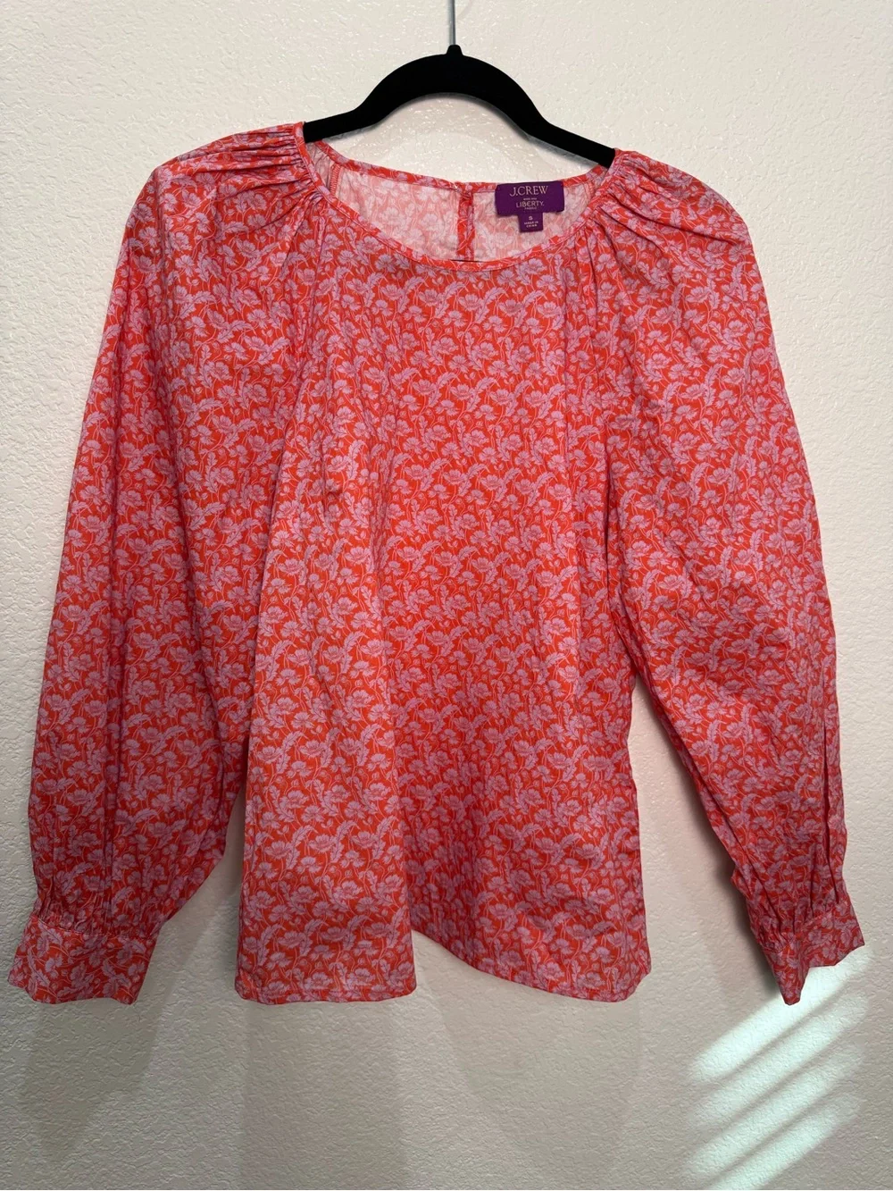 J.Crew Liberty Floral Blouse Womens S Orange Pink Cotton Puff Sleeve Top